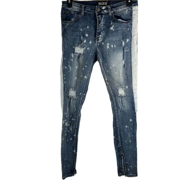 Size Up Apparel White Side Stripe Spatter Effect Zip Ankle Skinny Jeans Sz 33-34 - Picture 1 of 9